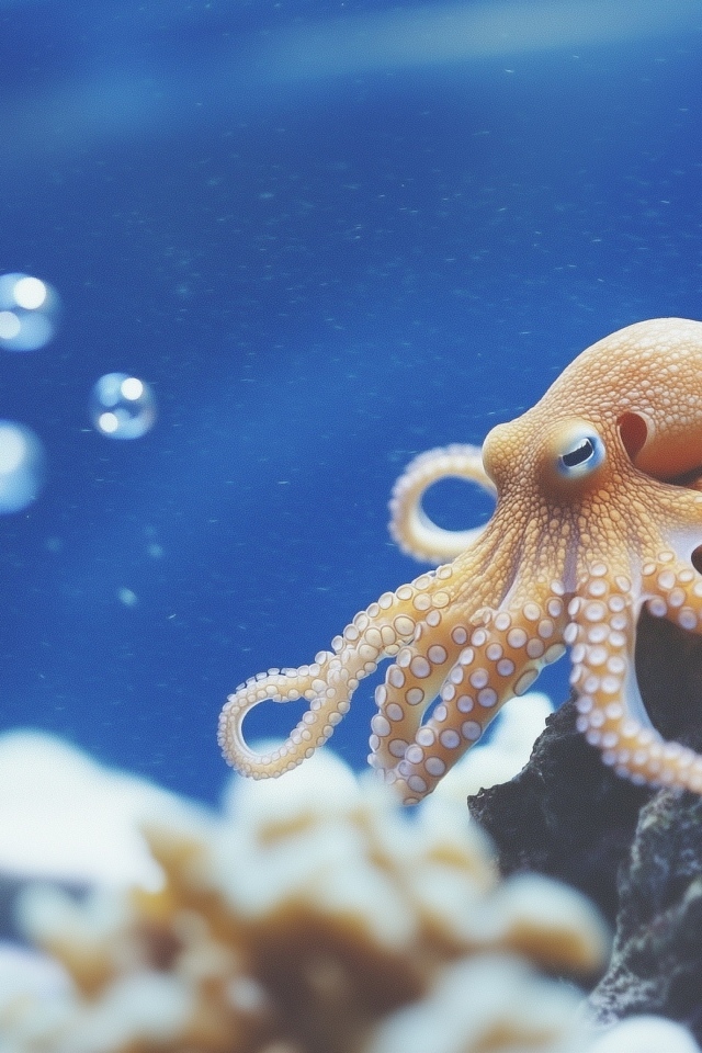 Осьминог у камня под водой
