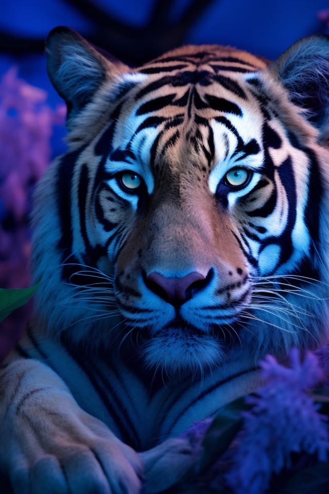 Большой полосатый тигр в цветах