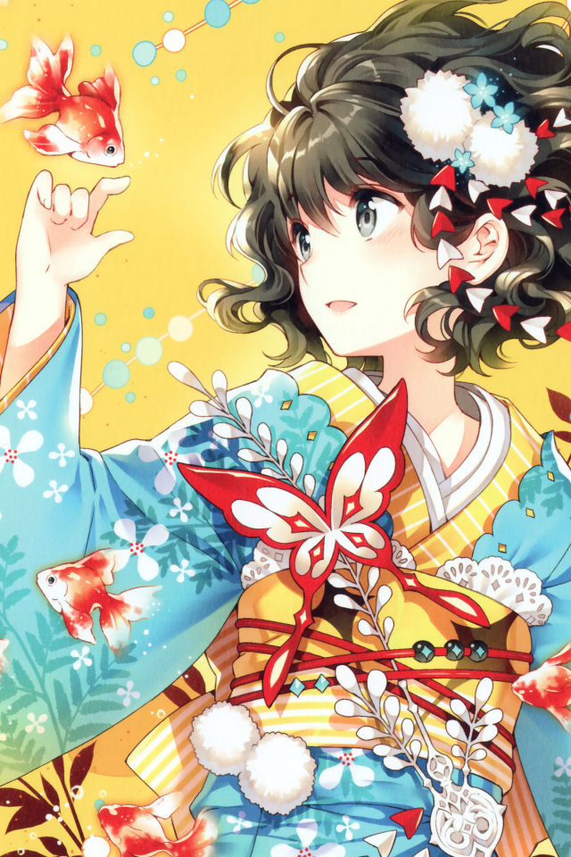 Девушка аниме ловит летающих рыб на желтом фоне