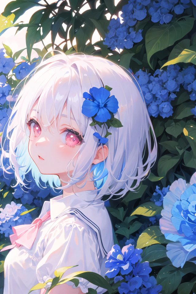 Девушка аниме на фоне голубых цветов
