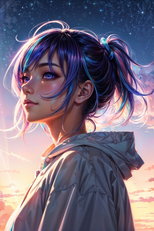 Девушка аниме с фиолетовыми волосами на фоне неба