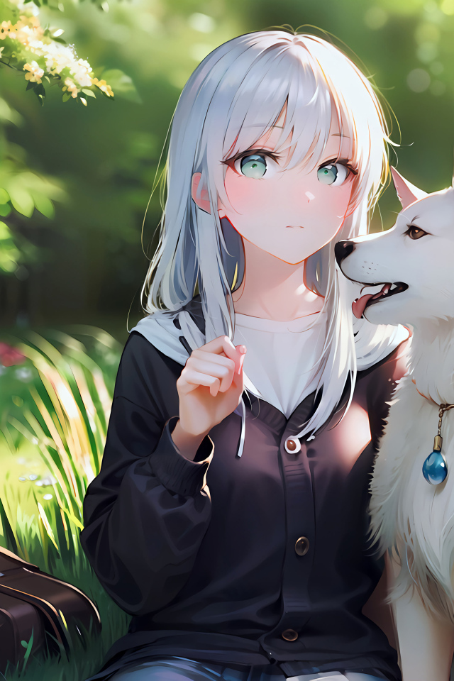 Девушка аниме с белой собакой в парке