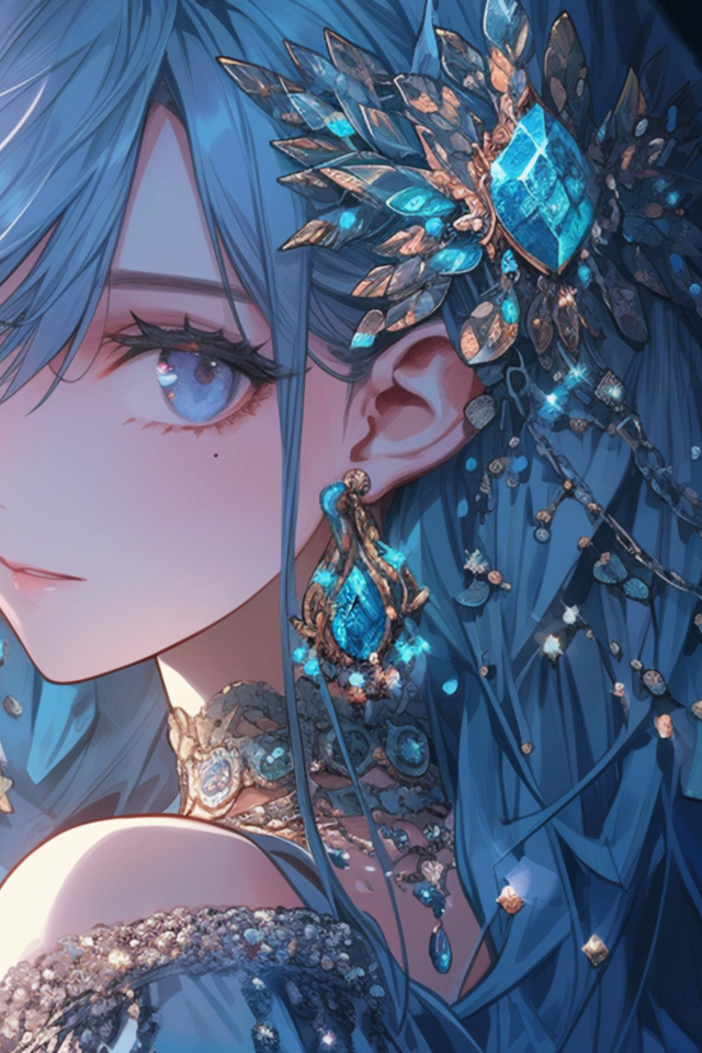 Девушка аниме с синими волосами с драгоценными камнями