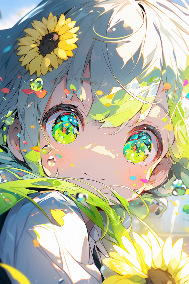 Зеленоглазая девочка аниме с подсолнухами