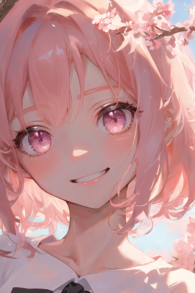 Улыбающаяся девушка аниме с розовыми волосами на фоне цветов
