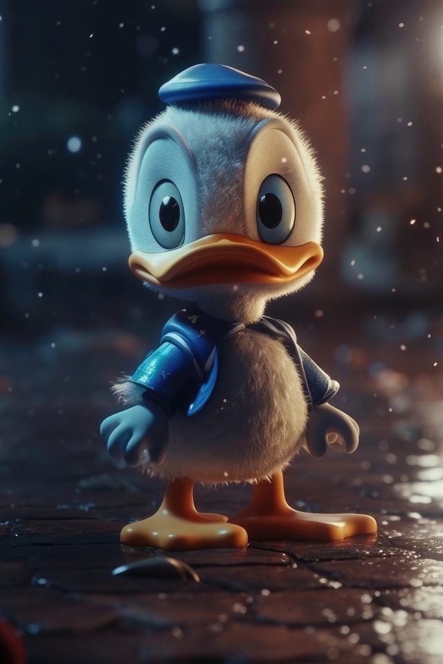 Маленький Дональд Дак под дождем на улице