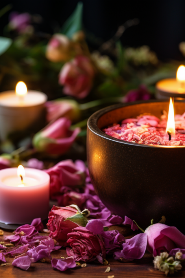 Зажженные свечи с бутонами роз на столе