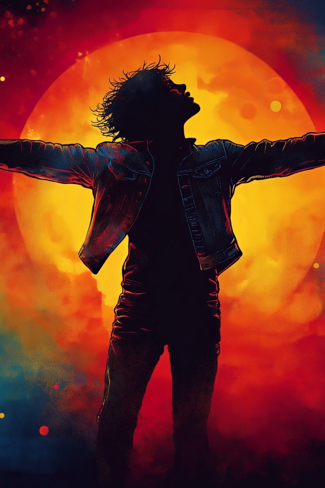 Нарисованный мужчина на фоне огненной луны