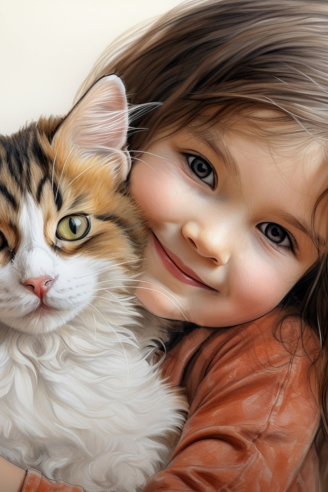 Красивая нарисованная девочка с котом