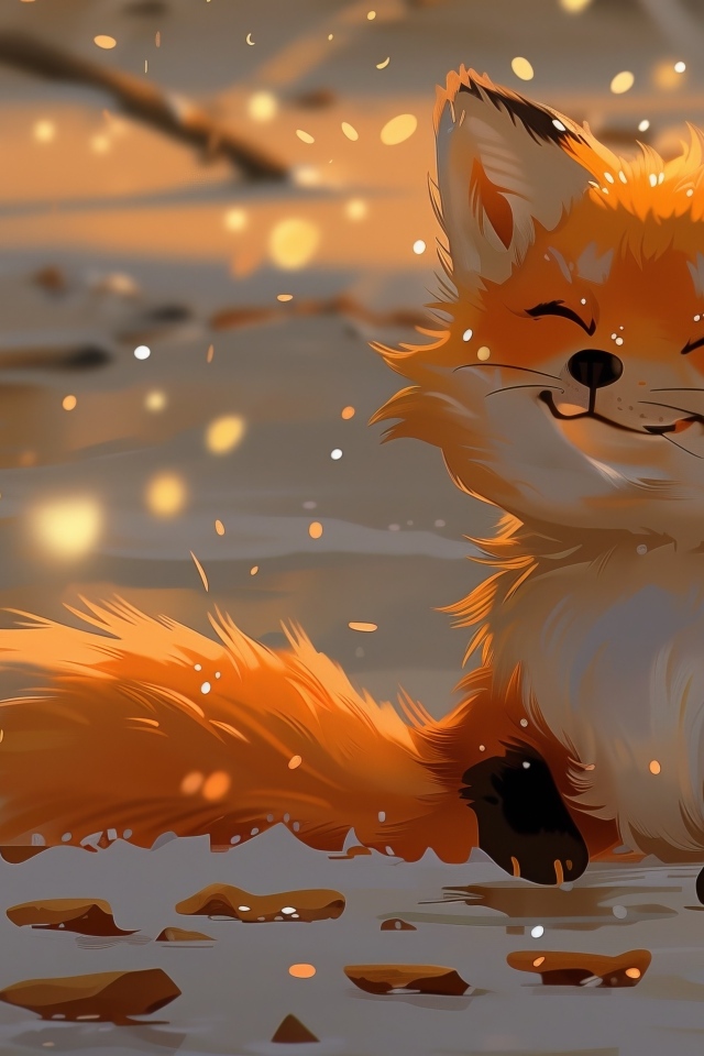 Нарисованный рыжий лисенок с чашкой