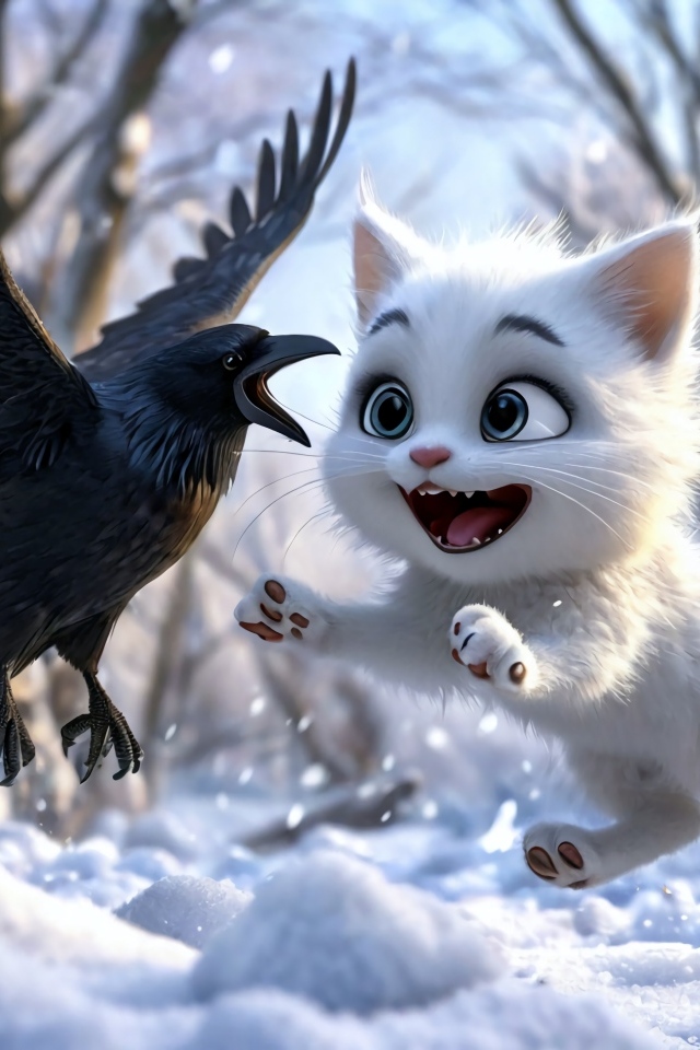Нарисованный белый котенок играет с вороном