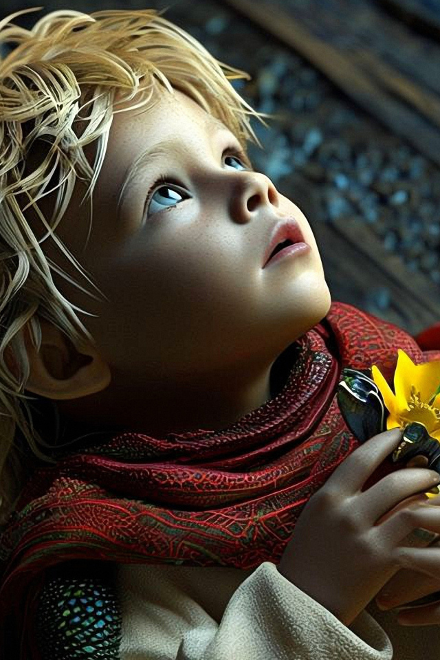 Маленький светловолосый нарисованныЙ мальчик с цветком