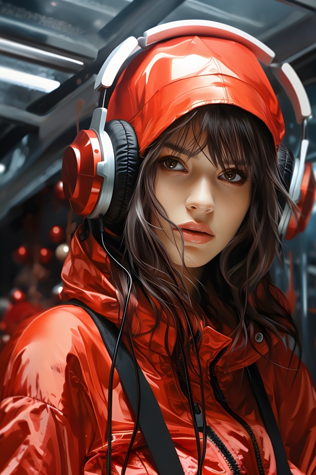 Нарисованная девушка в красной куртке с наушниками на голове