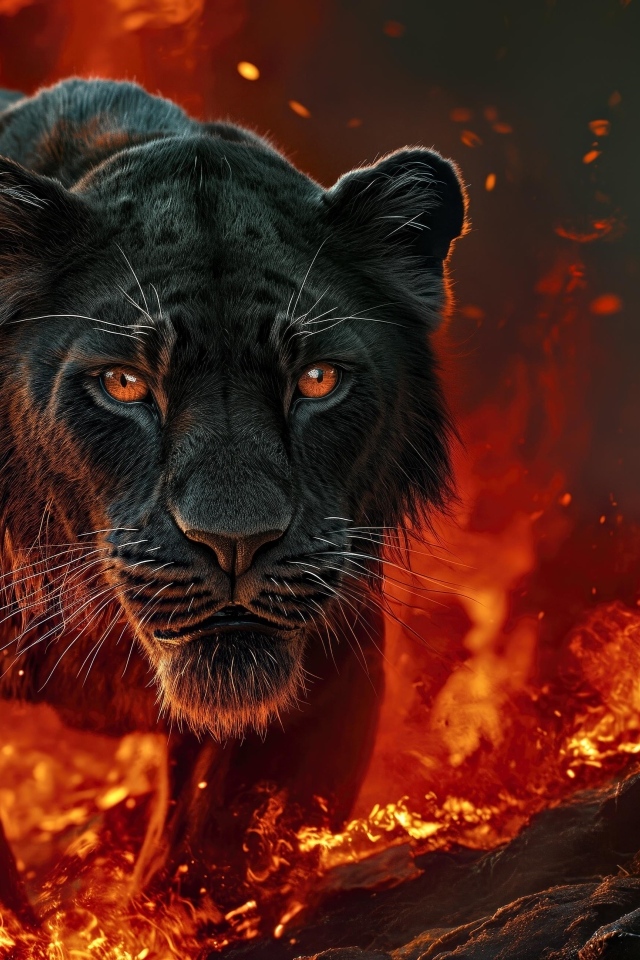 Черная пантера идет по огненной земле