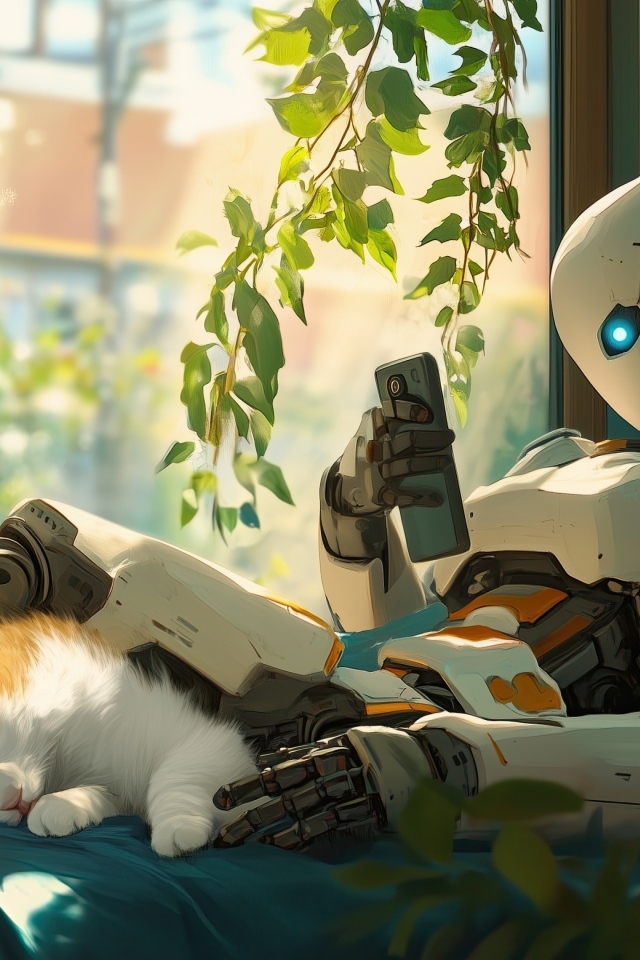 Робот лежит на кровати с котом