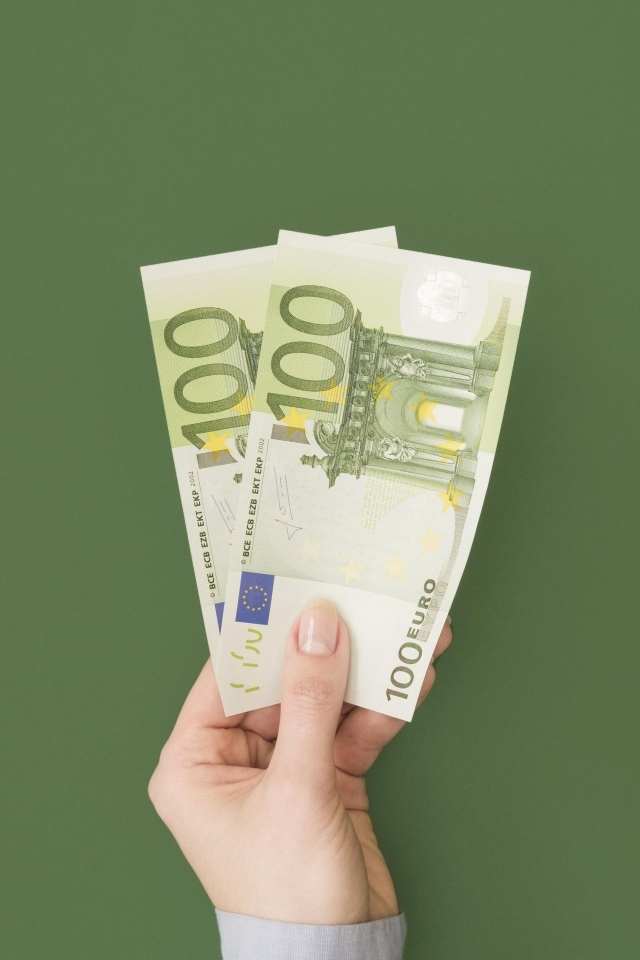 Две купюры по сто евро на зеленом фоне