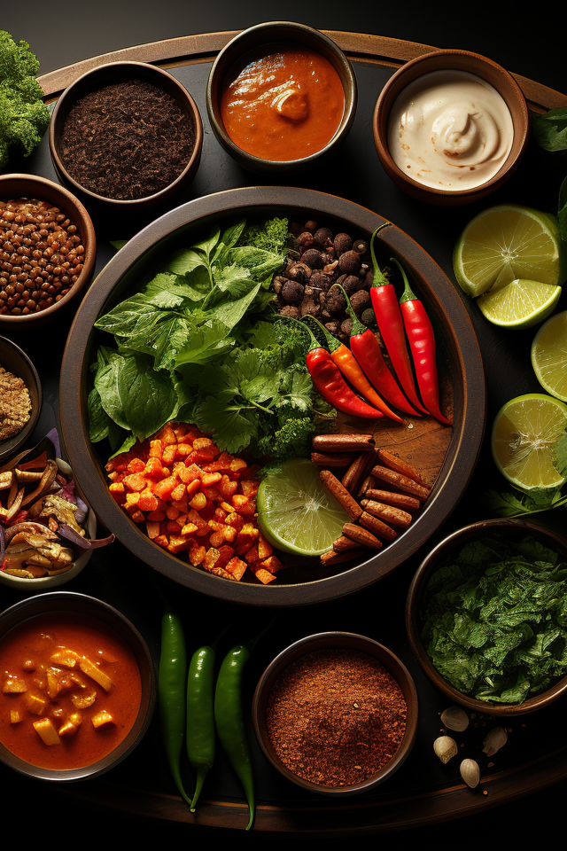 Ароматные специи, зелень и овощи на столе