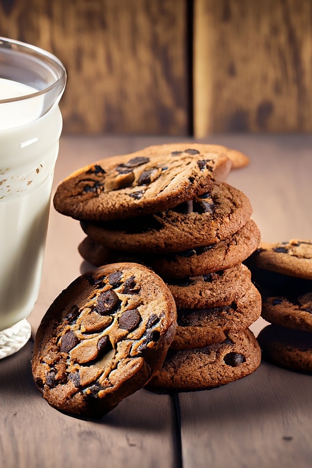 Стакан молока с круглым печеньем на столе