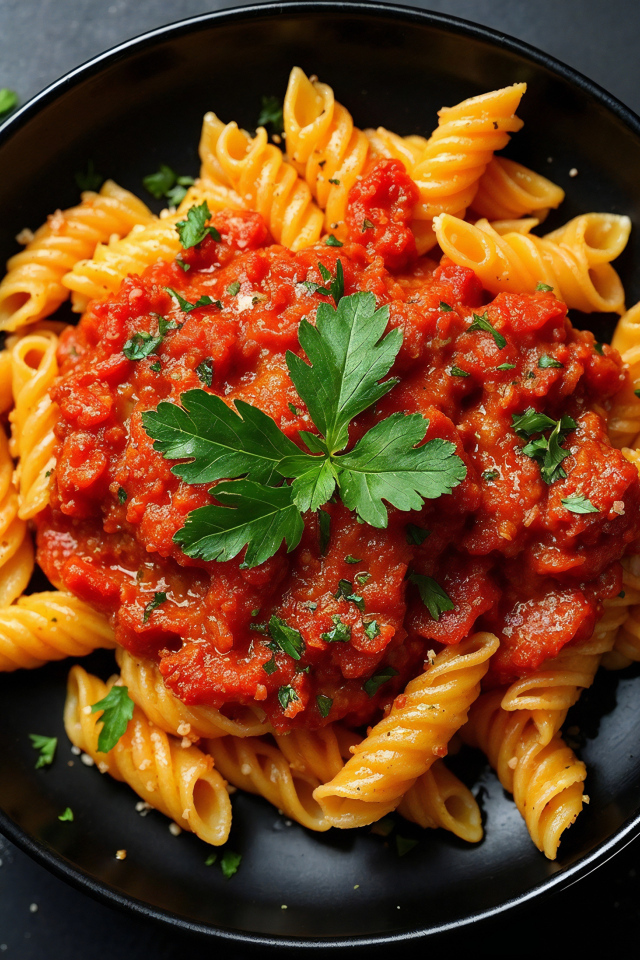 Макароны с томатной пастой на тарелке