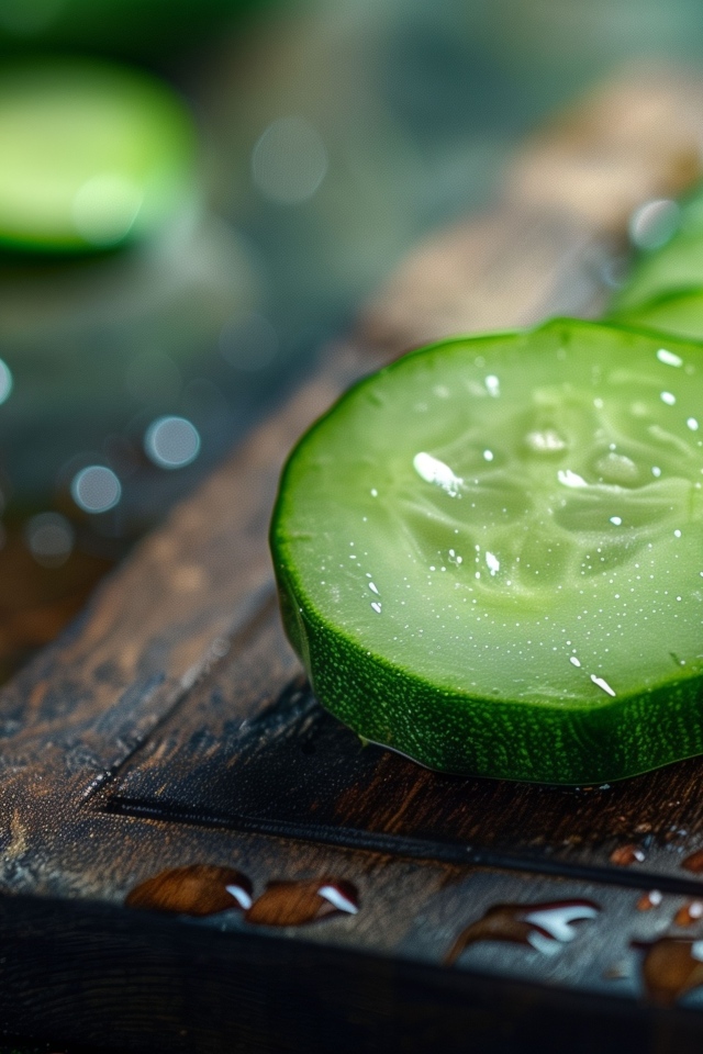 Нарезанные кружки огурца в каплях воды на доске