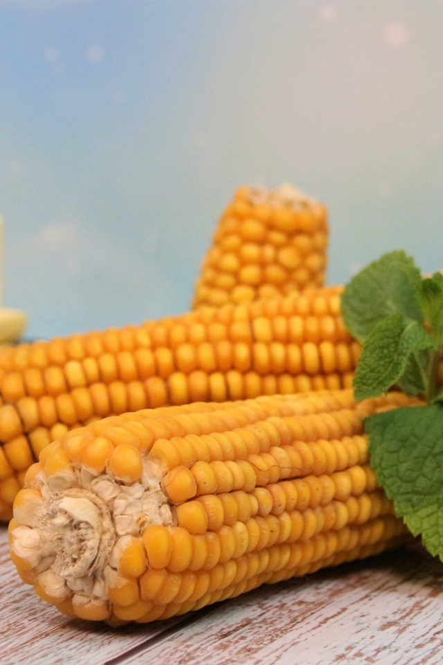 Желтая кукуруза с маслом и веточкой мяты