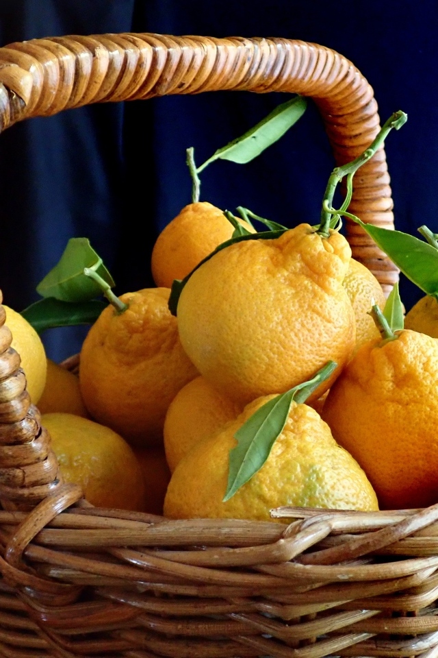 Корзина крупных желтых лимонов на столе