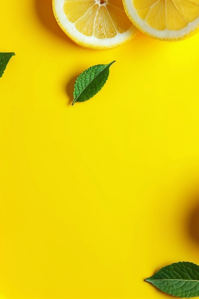 Яркий желтый фон с лимонами и зелеными листьями