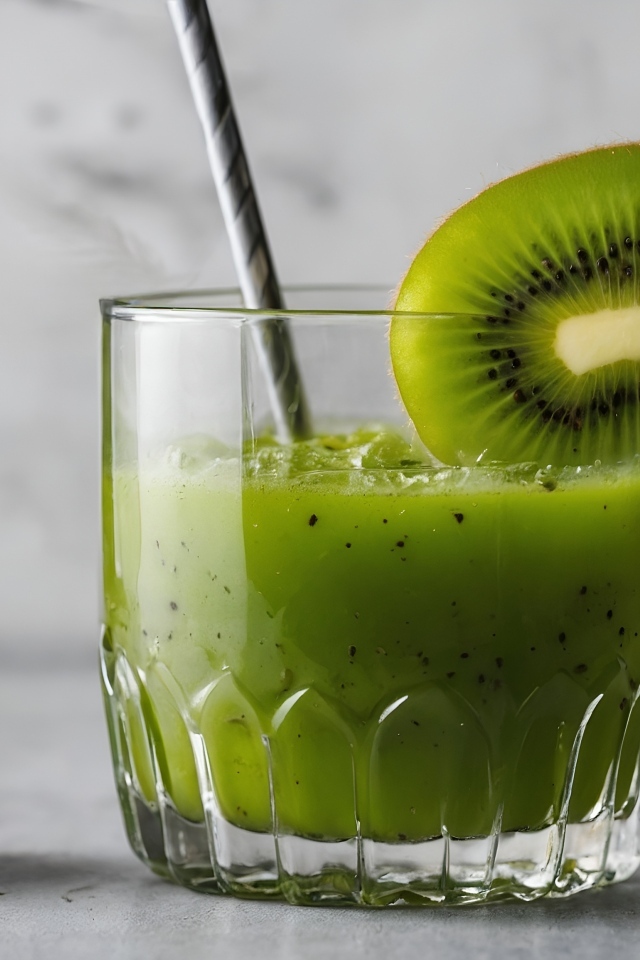 Стакан сока киви на столе с фруктами