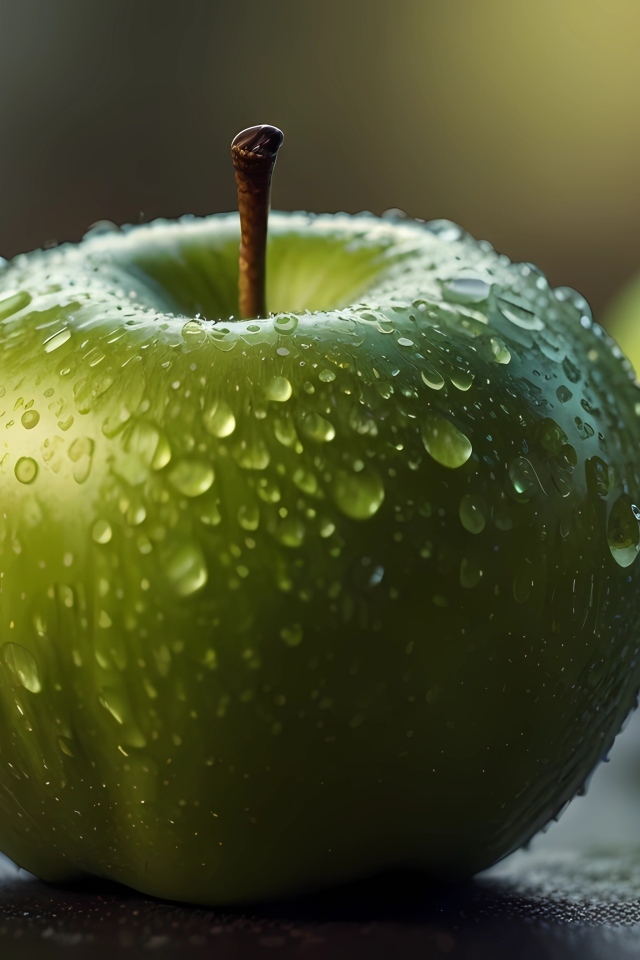 Крупное зеленое яблоко в каплях воды