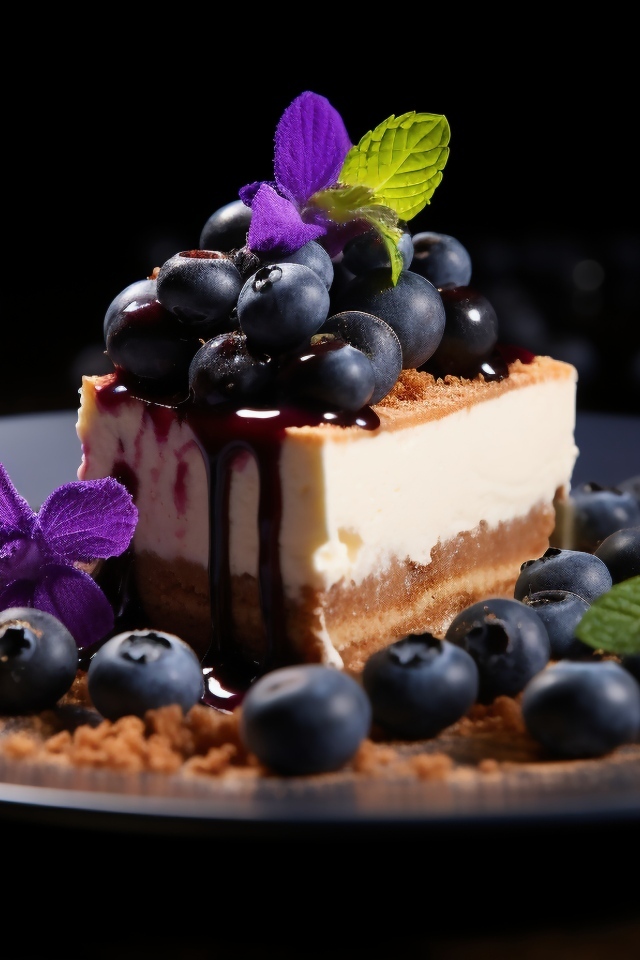 Кусок пирога с ягодами черники и листьями мяты