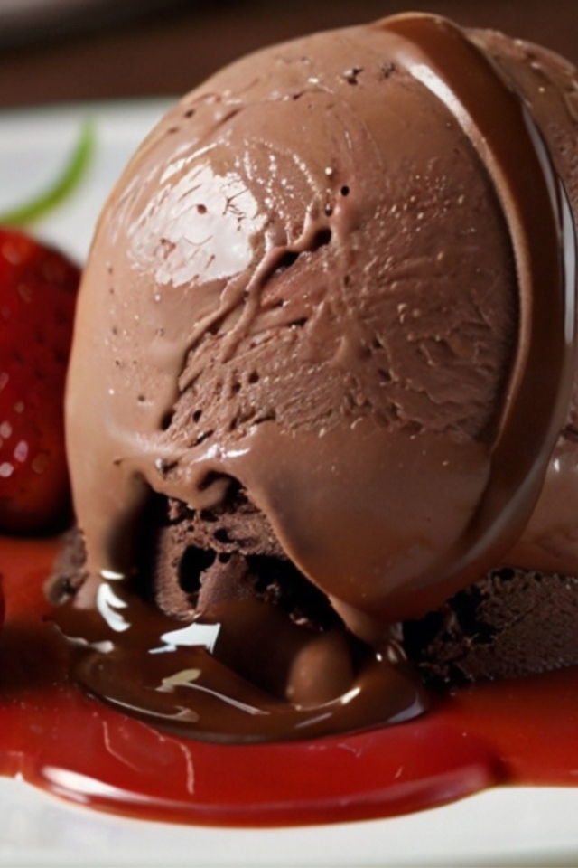 Шарик шоколадного мороженого на тарелке с ягодами клубники