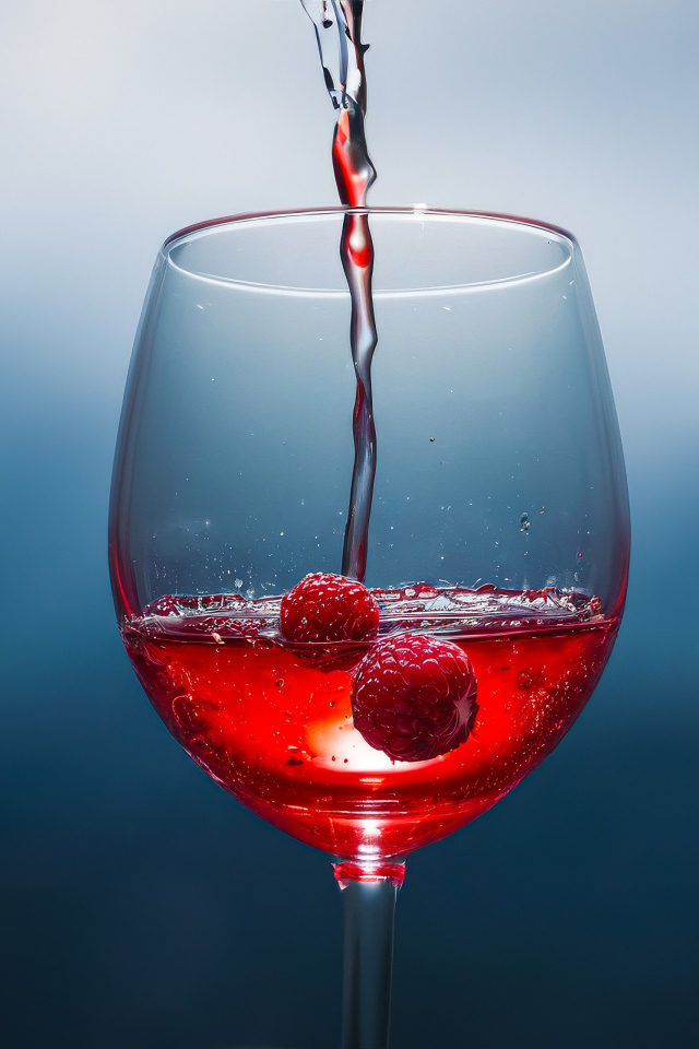 Вино наливают в бокал с ягодами малины на сером фоне