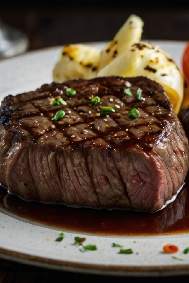 Кусок сочного стейка на тарелке на столе