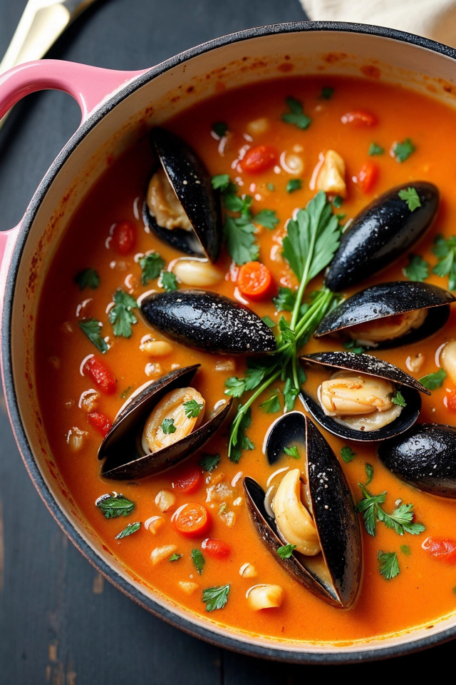 Томатный суп с мидиями на столе