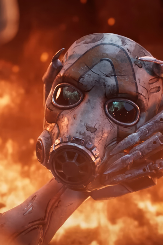 Маска в руках на фоне огня в видеоигре Borderlands 4
