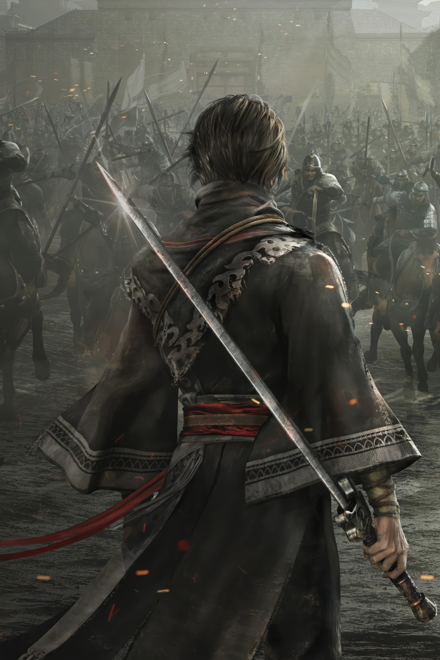 Самурай готовится к битве в компьютерной игре Dynasty Warriors: Origins