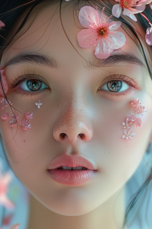 Красивая девушка азиатка с розовыми цветами сакуры