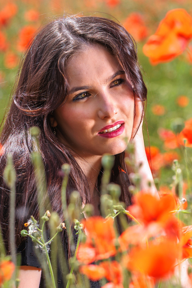 Молодая кареглазая девушка лежит на поле с красными маками