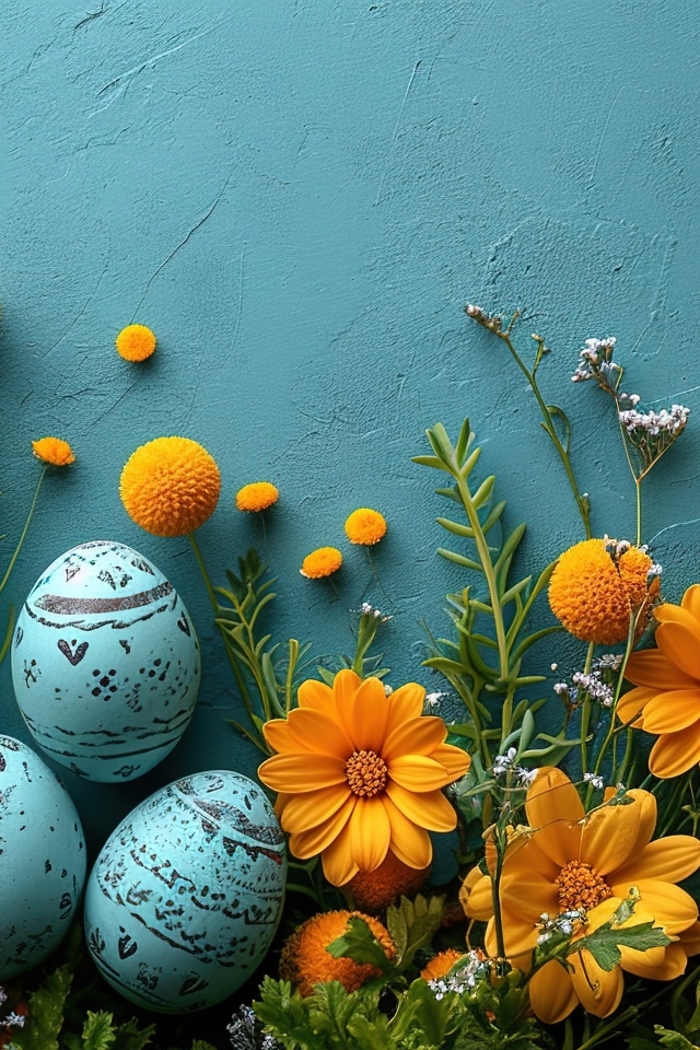 Синий фон с цветами и яйцами на Пасху