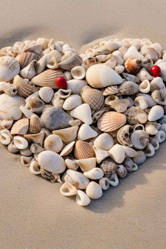 Красивое сердце из маленьких ракушек на песке