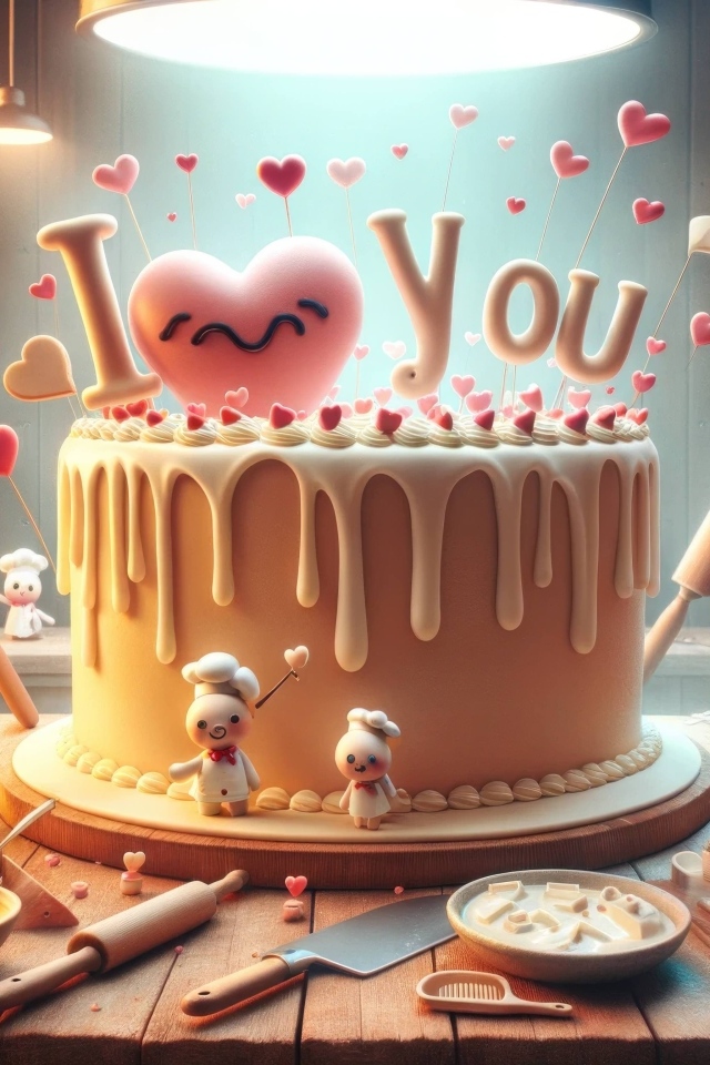Торт с надписью Я тебя люблю на кухне на столе