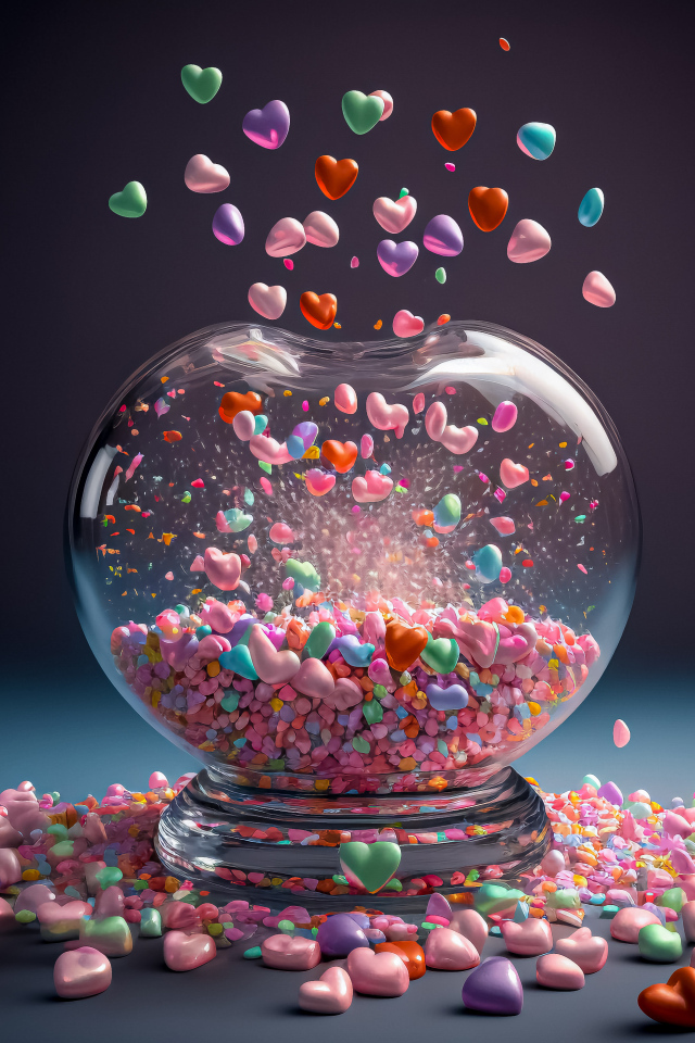 Стеклянный сосуд с маленькими разноцветными сердечками