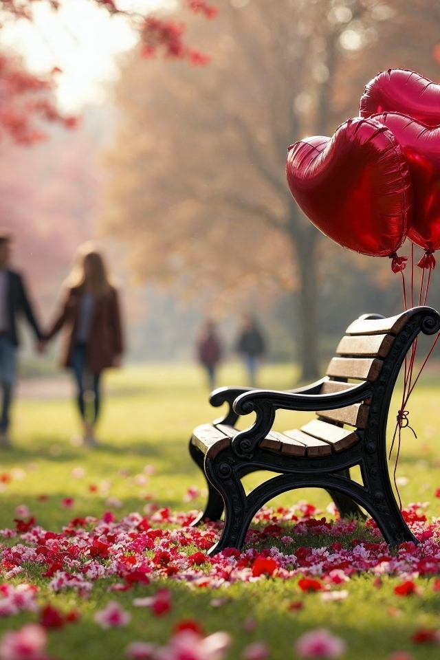 Лавка в парке с шариками в форме сердца