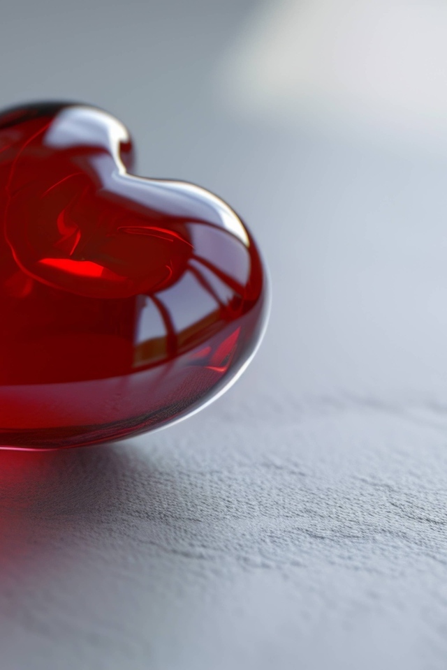 Красное стеклянное сердце на сером столе
