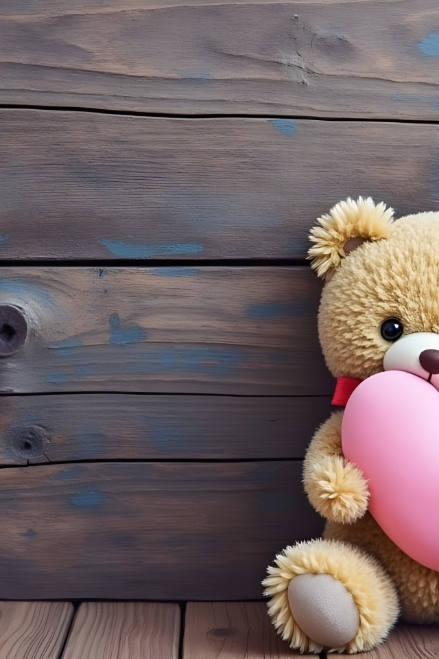 Маленький плюшевый мишка с розовым сердцем у стены