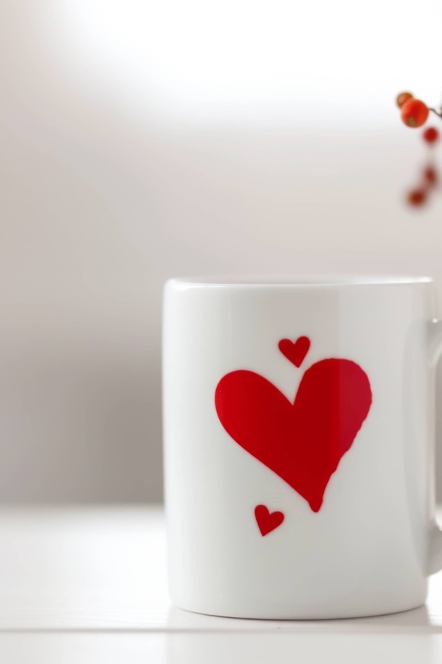 Белая кружка с красным сердцем на столе