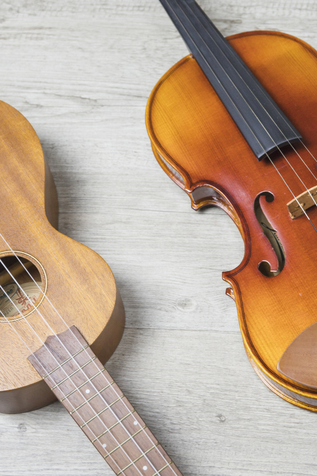 Скрипка и гитара на деревянном фоне