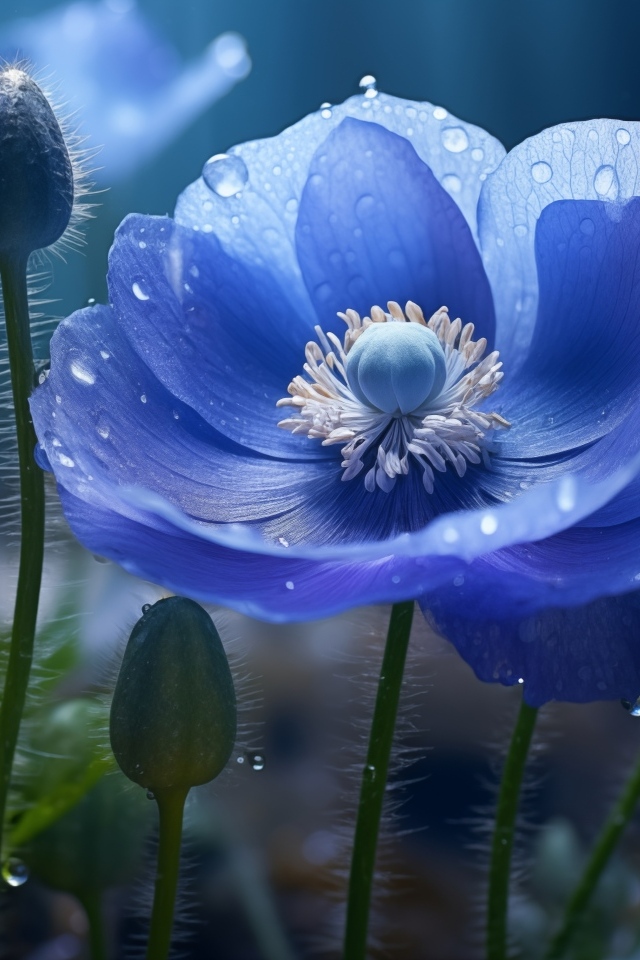 Красивый синий цветок мака с бутонами в каплях воды