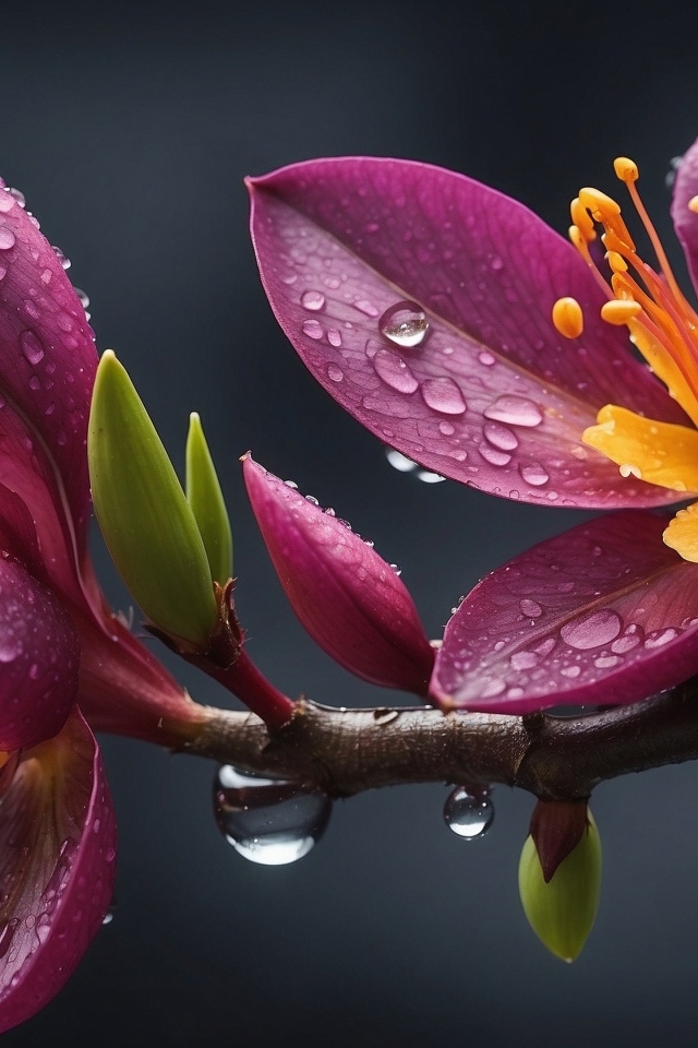 Красивые сиреневые цветы в каплях дождя на ветке