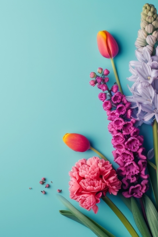 Букет красивых весенних цветов на голубом фоне